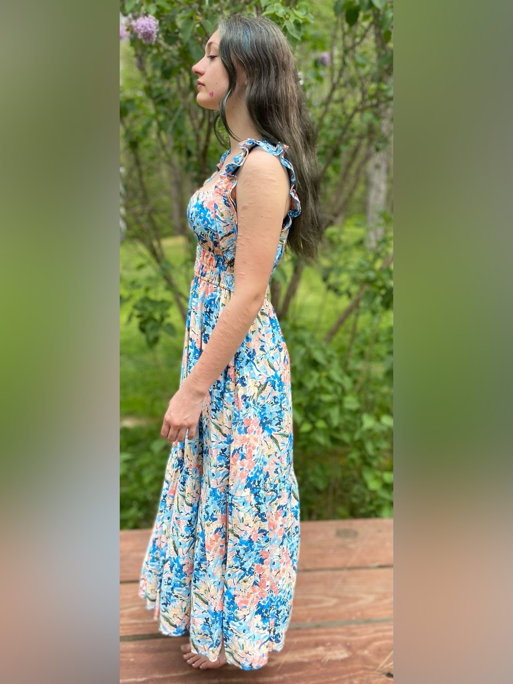 Abercrombie & Fitch Floral Ruffle Maxi Dress in Blue and Peach NWT Size XS - Picture 5 of 15
